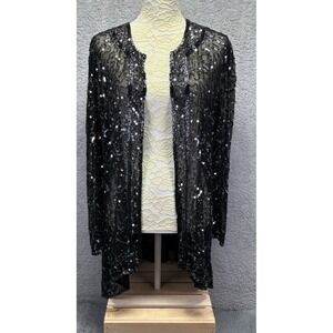 Vintage Silk Jacket Women L Black Sequin Beaded Sparkle Wedding Holiday Mature